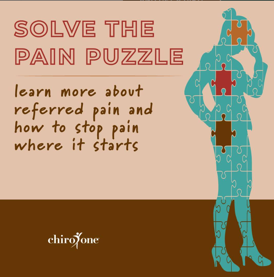 An infographic that says Solve the Pain Puzzle in bubble letters, and below that it says "Learn more about referred pain and how to stop pain where it starts. To the right of the text there is a puzzle in the shape of a human. Most of the puzzle pieces are blue, but there is one dark brown piece around the hip area, a red piece above that in the chest area, and a tan colored piece on the head.