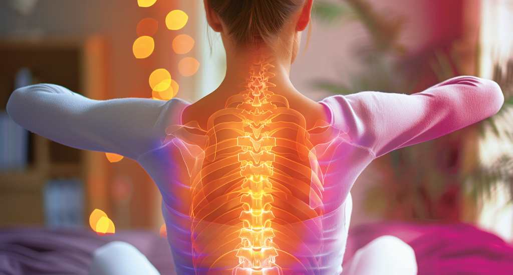 A woman sits in a yoga pose, her spine highlighted from behind to show proper posture.