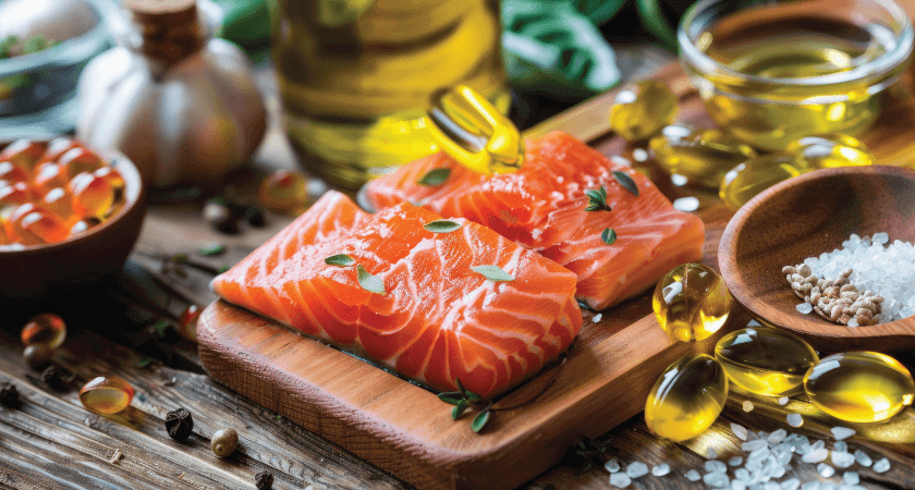 Fresh salmon, vegetables, and herbs on a cutting board.